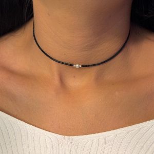 Colier choker minimalist cu perlă albă și bile Argint 925 - imagine 2